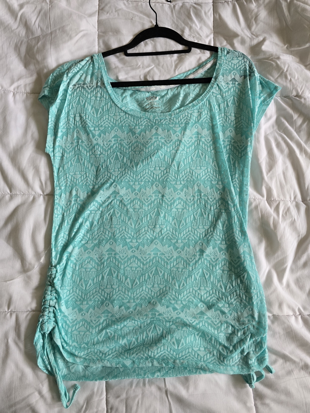 Maurices Aqua Lace-Pattern Short Sleeve Sheer Top with Side Cinches